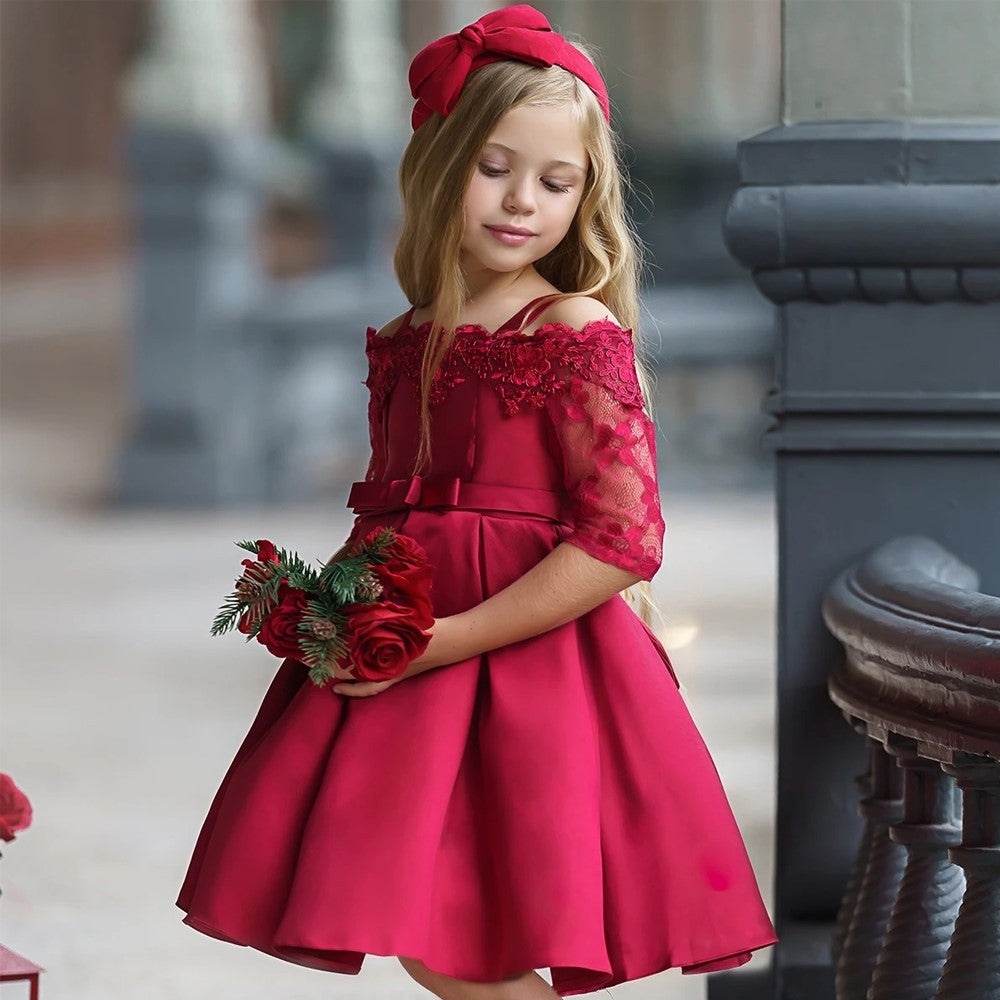 Deep red toddler dress with lace details and matching headband.