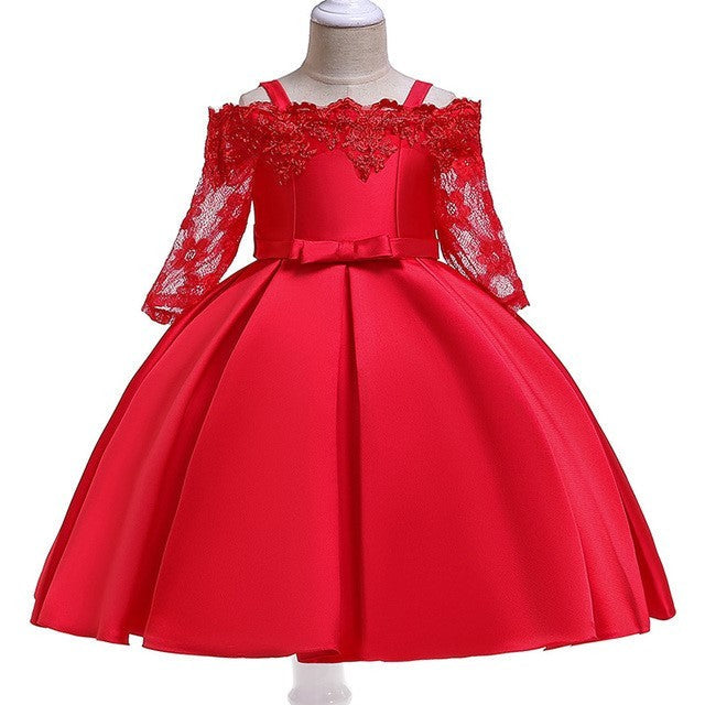 Red lace girls dress with flared skirt and bow detail, made of polyester fiber.