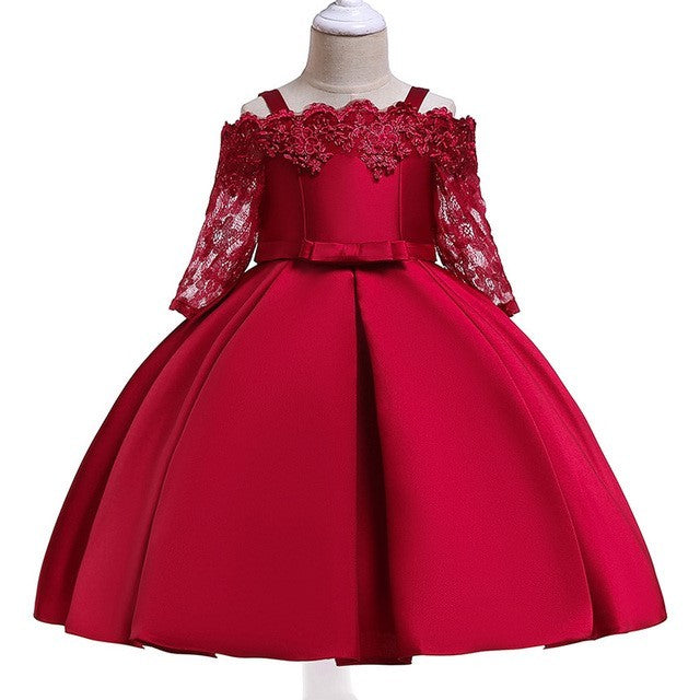 Kids deep red dress with lace details and bow, polyester fiber material.