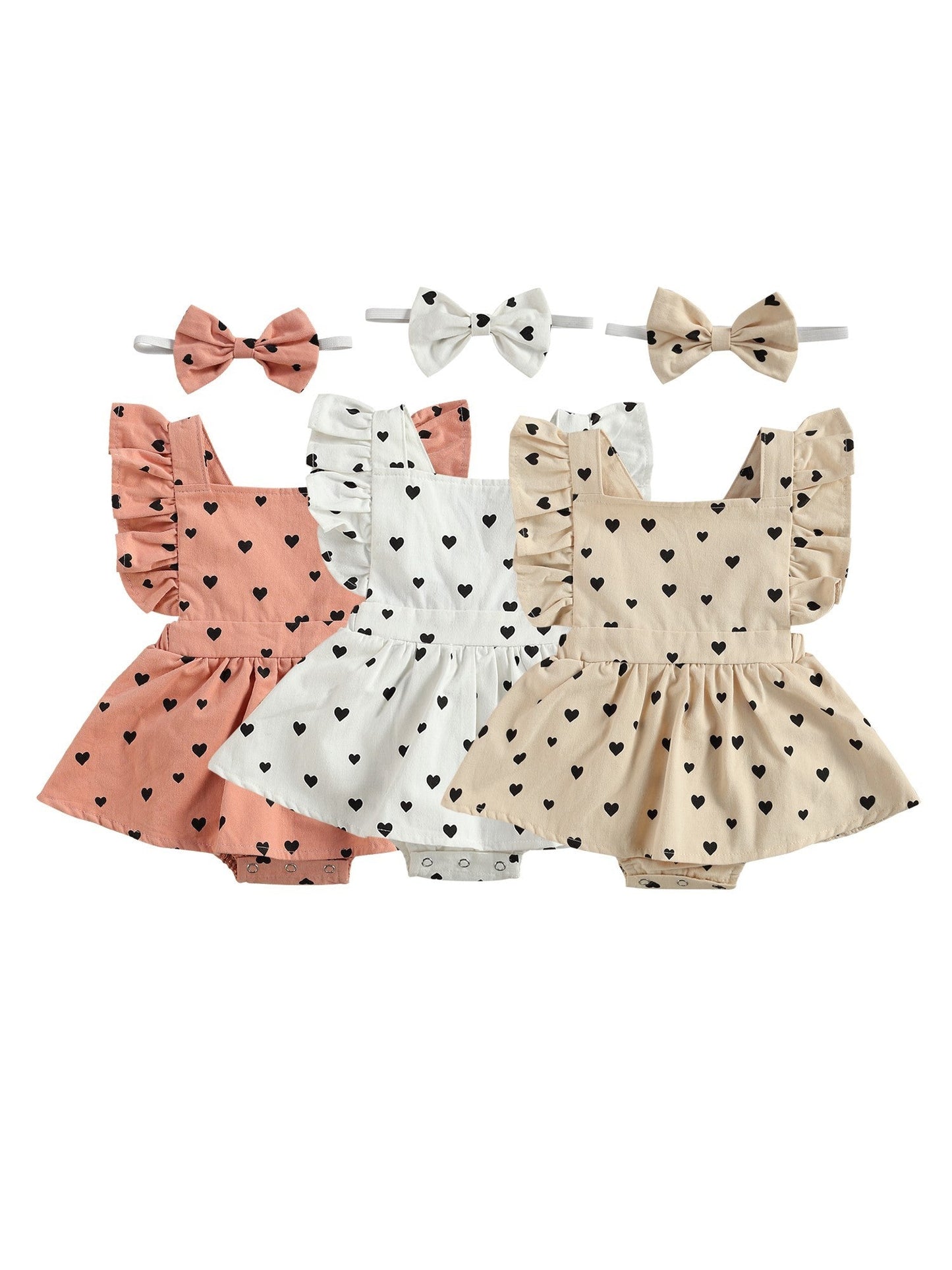 Baby Girl Romper Dress with headband in pink, white, and beige for holidays.