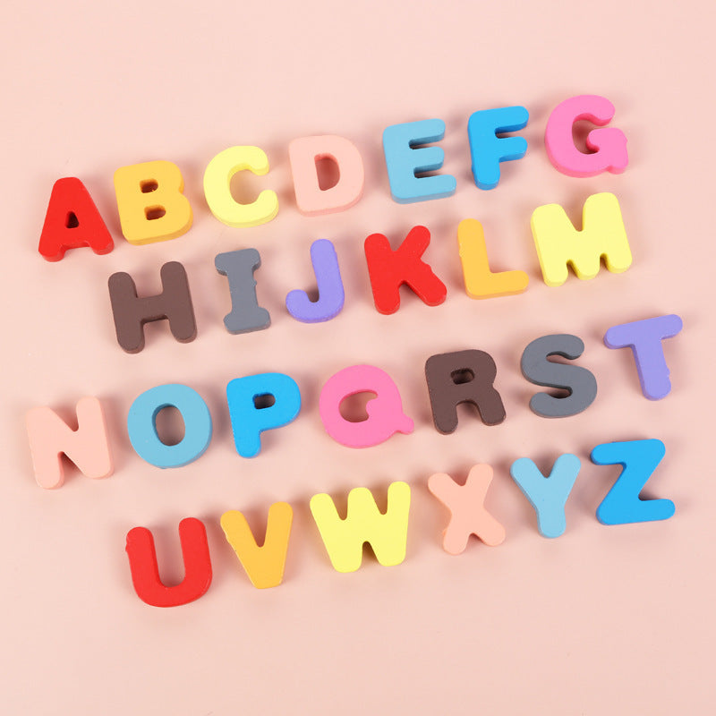 Colorful wooden alphabet letters for kids, Montessori educational toy.