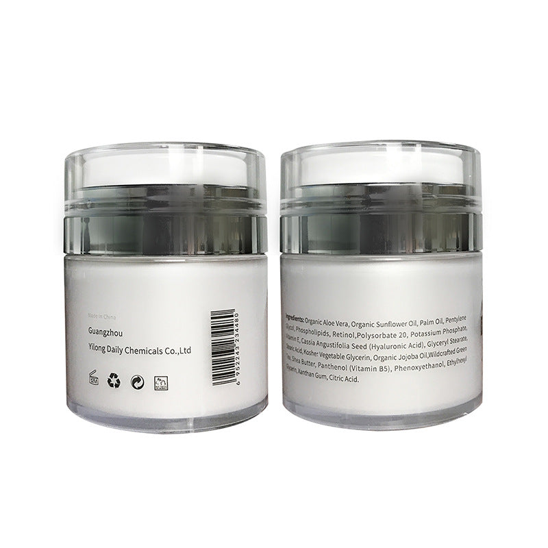 Vitamin A cream in a sleek, clear jar, suitable for anti-wrinkle and pore refinement.