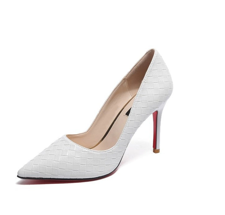 White pointed striped high heels with super high heel and floral elements.