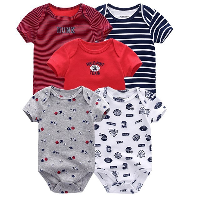 Assorted summer baby boy girl jumpsuits in striped and printed designs, sleeveless, natural cotton fabric.