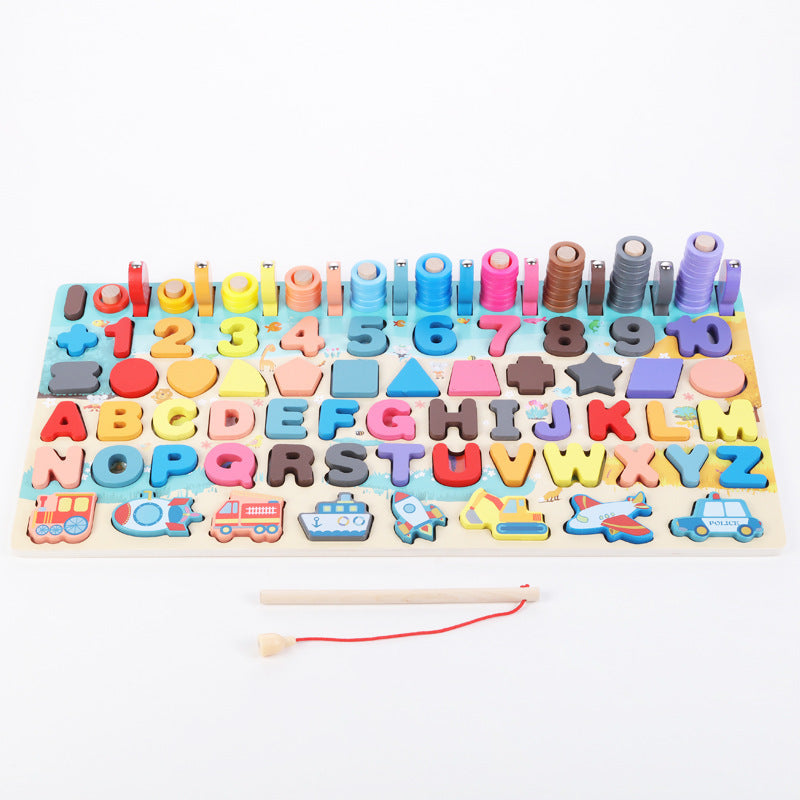 Montessori educational wooden math fishing puzzle board for kids aged 1-3 years.