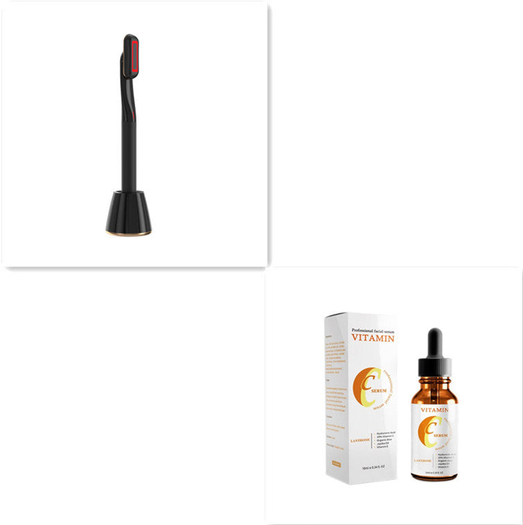 360-degree rotary eye massage tool with red LED and Vitamin C serum.