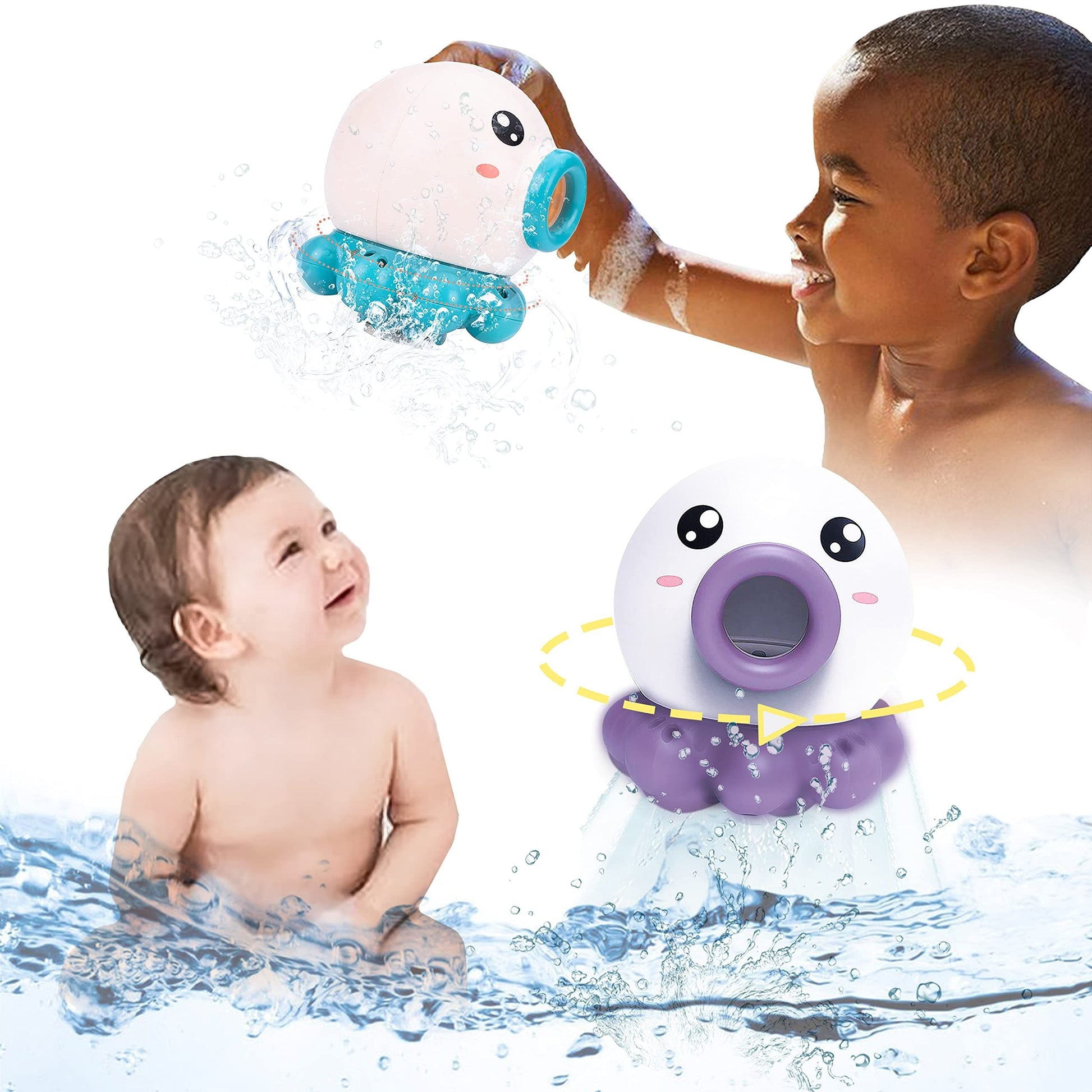 Octopus fountain bath toy with water spray and rotating feature, ideal for kids' bath time fun.