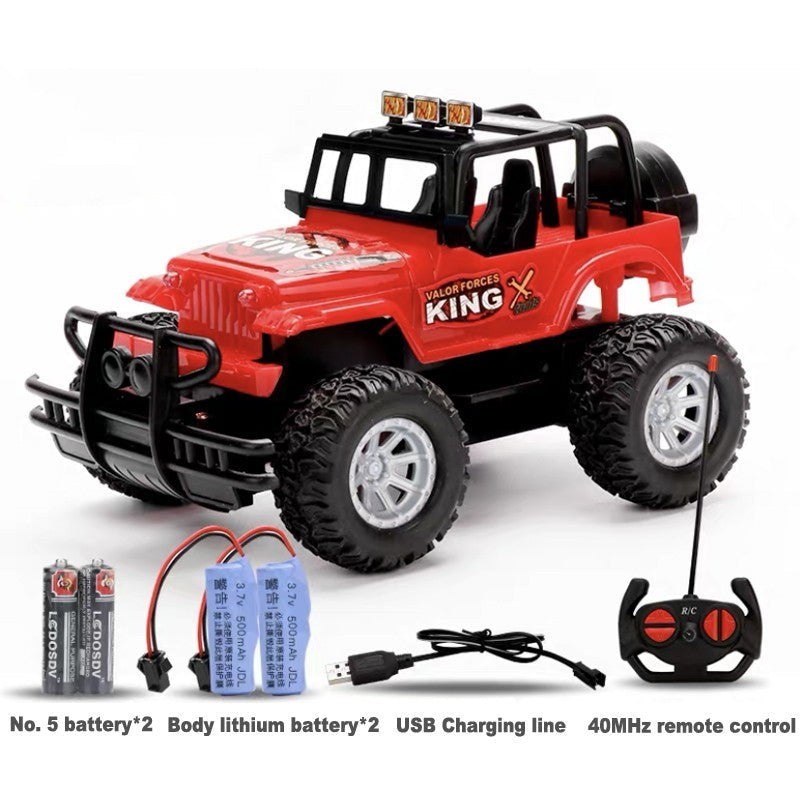 Red USB charging remote control toy car for boys with batteries and remote included.