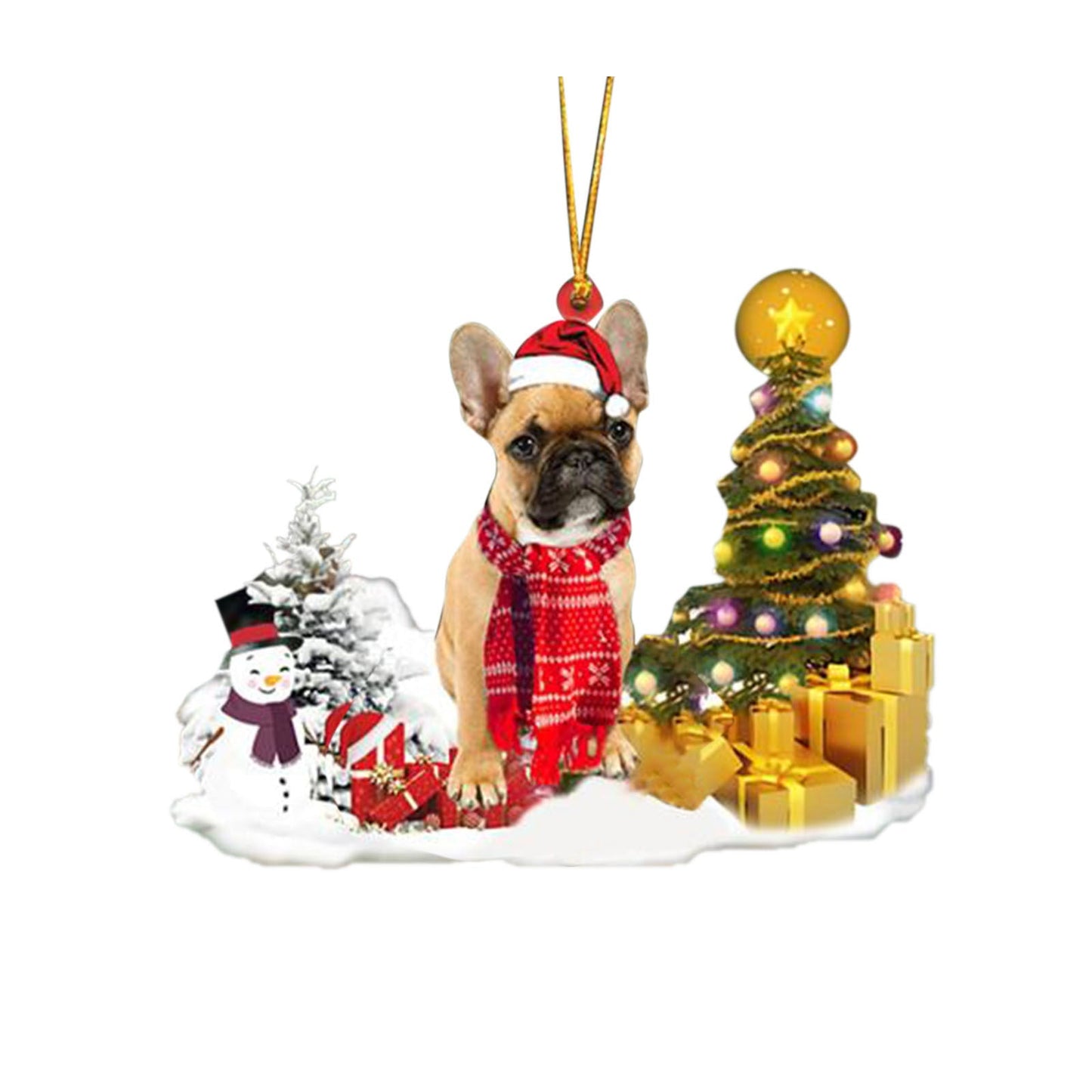 Christmas puppy decoration with tree and lights, PVC material, 8x7cm, white and red colors.