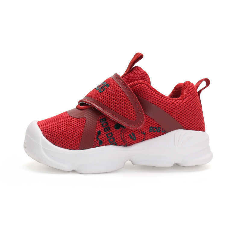 Red toddler sneakers with breathable mesh upper and Velcro strap for easy wear.