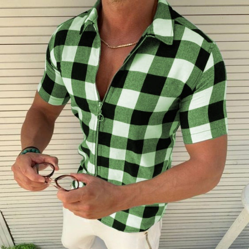 Plaid Zipper Shirt – green men's short sleeve checkered shirt with front zipper