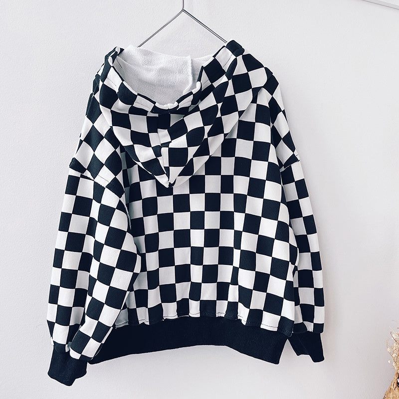 Children's black and white plaid hooded jacket, Korean style, cotton fabric.