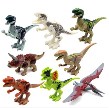 Mini dinosaur building block figures for kids' creative play.