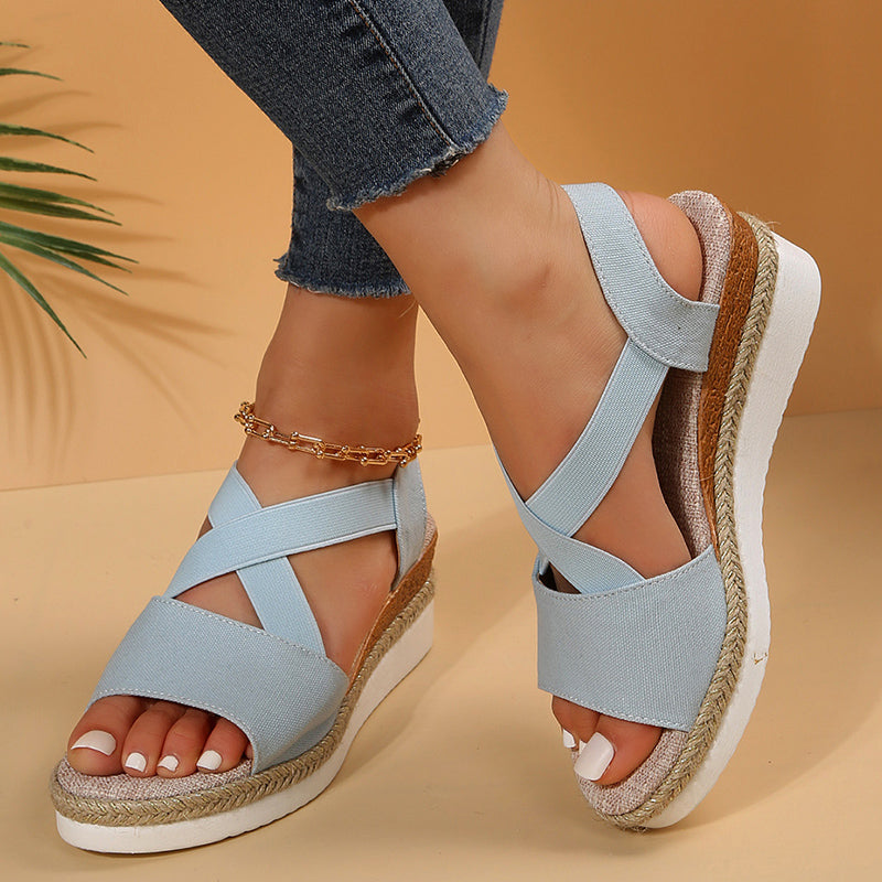 women cross-strap platform gladiator hemp heel shoes