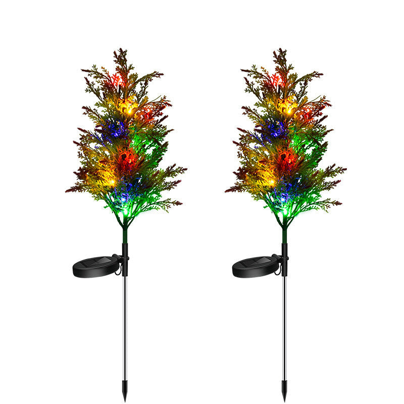 Solar-powered Christmas lights with colorful LEDs on pine and cypress tree design.