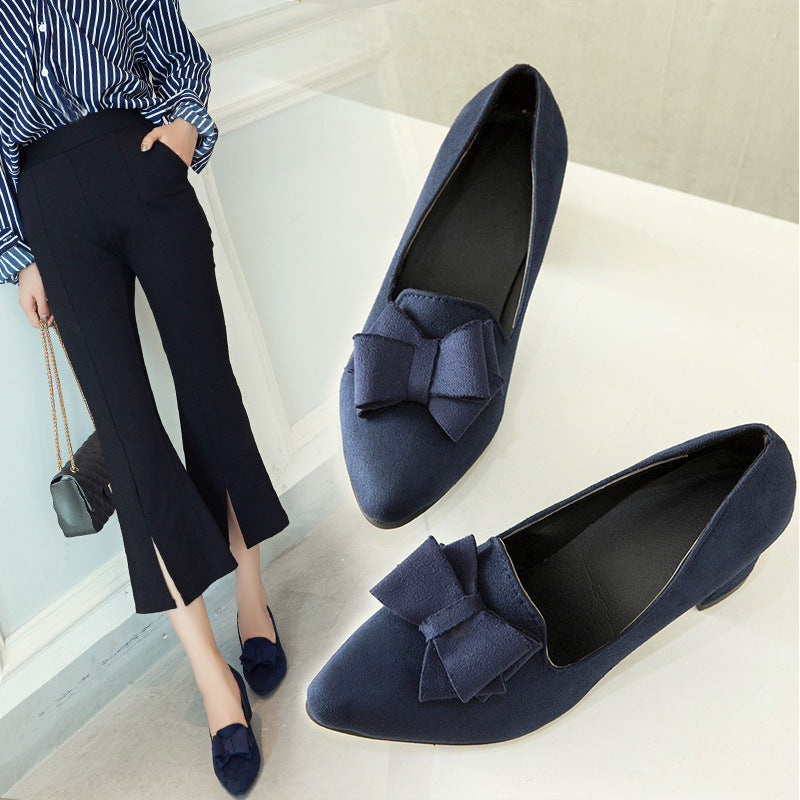 Pointy chunky medium heels with breathable microfiber and skid-proof rubber sole.
