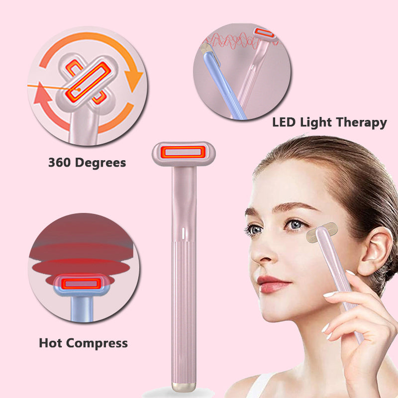 360-degree rotary eye massage tool with LED light therapy and hot compress illustration.