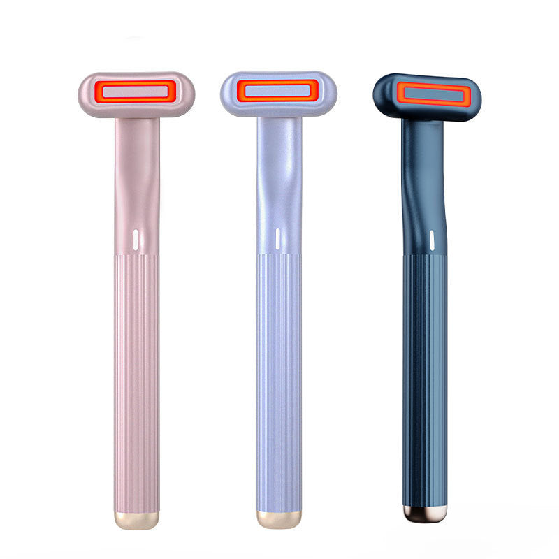 360-degree rotary eye massage skincare tool in pink, blue, dark blue.
