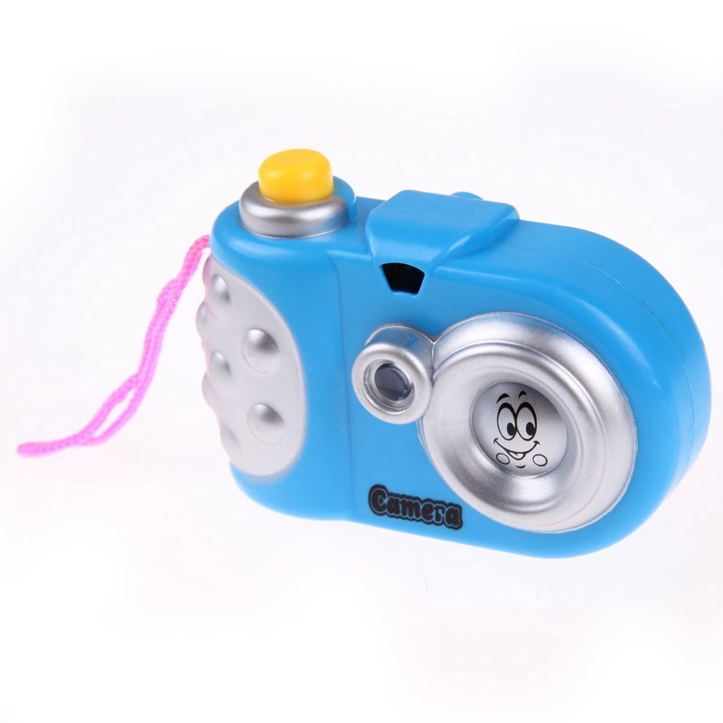 Kids projection camera toy with blue plastic body and playful design.