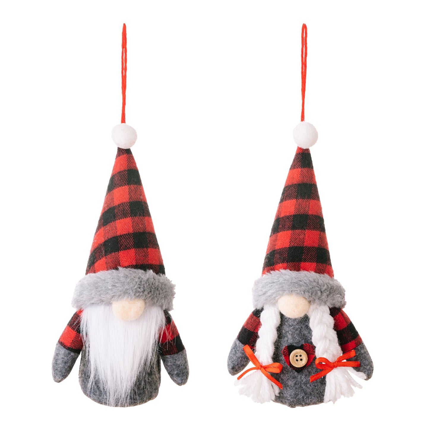 Faceless doll Christmas ornaments in red and black plaid with lights.