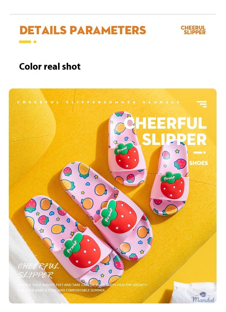 Strawberry-themed children's summer slippers, pink cartoon design, non-slip PVC sole.