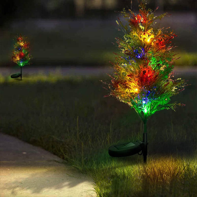 Solar-powered Christmas lights illuminating pine and cypress trees.