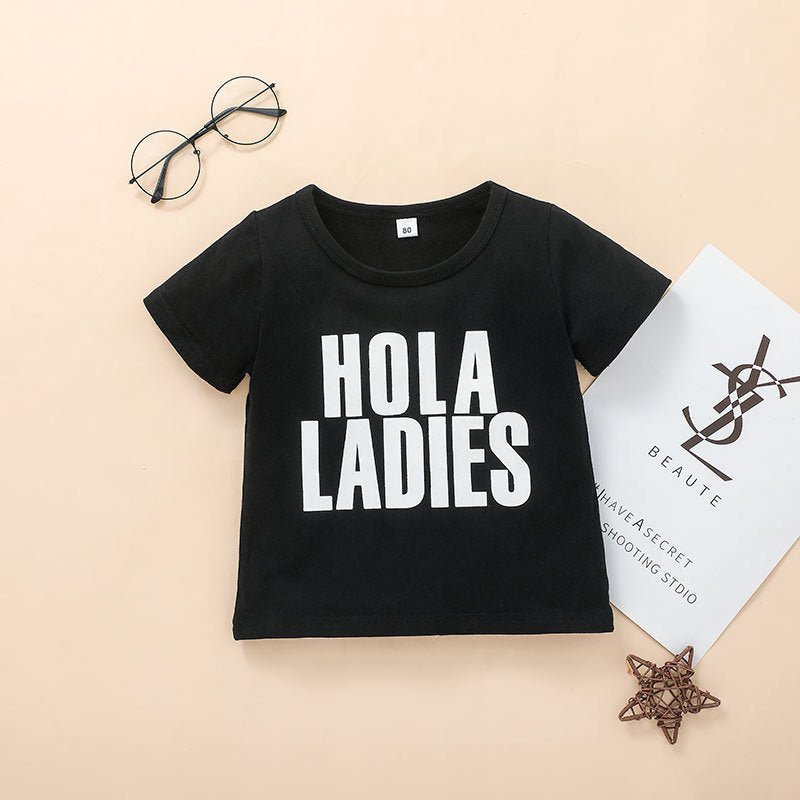 Children's black letter T-shirt from summer short sleeve set.