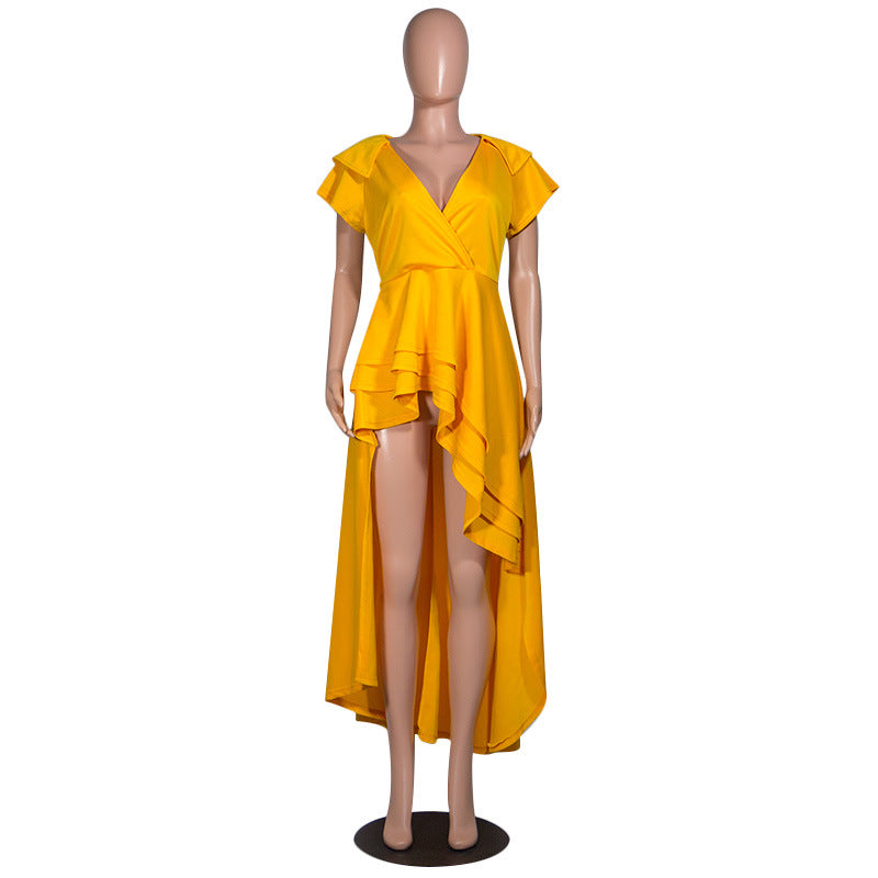 Yellow high-waisted irregular evening dress on mannequin.