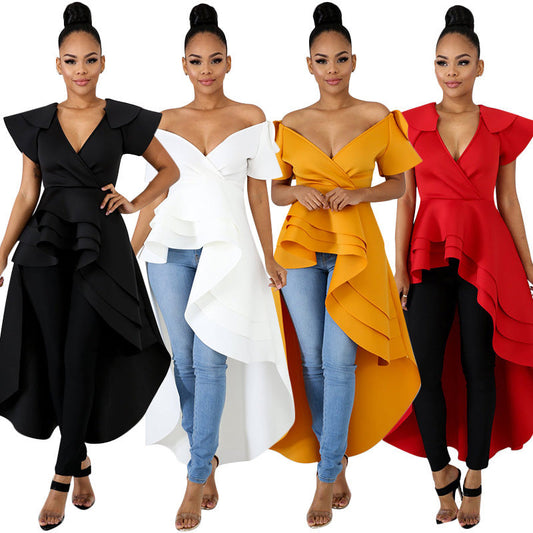 Fashion evening dresses in black, white, yellow, and red with high waist and irregular skirt.