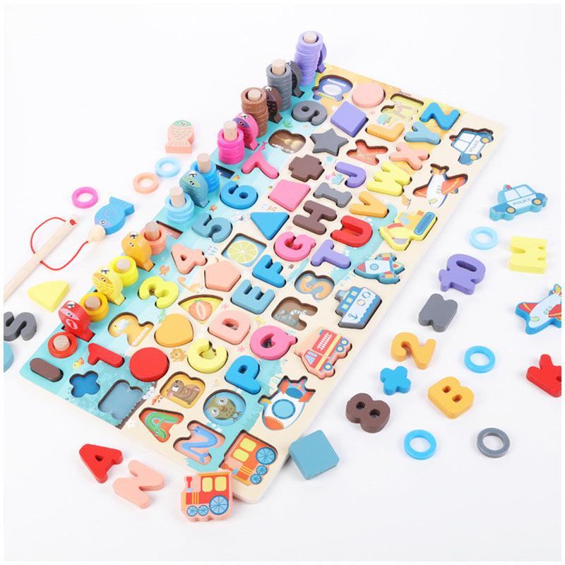 Montessori educational wooden toy board for kids with numbers and shapes for interactive learning.