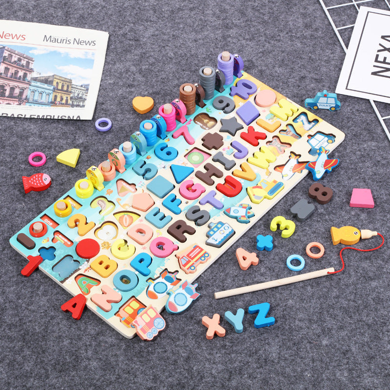 Montessori wooden educational toys board for kids, featuring letters, numbers, and fishing game for ages 1-3.
