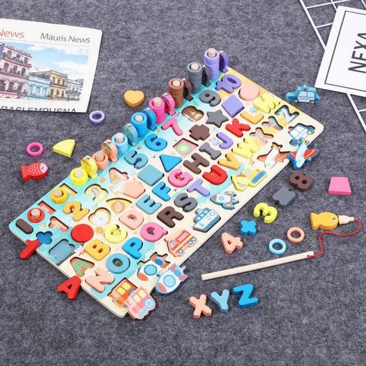 Montessori wooden educational toys board for kids, featuring letters, numbers, and fishing game for ages 1-3.