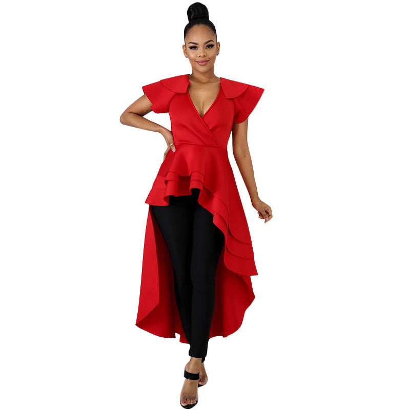 Red high-waist irregular skirt evening dress, polyester, available in multiple colors and sizes.