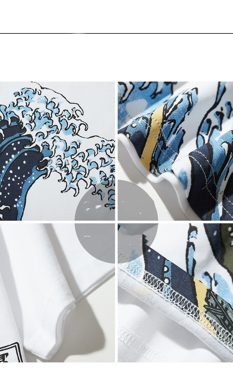 Mens Wave Print T-Shirt in white with blue wave graphic