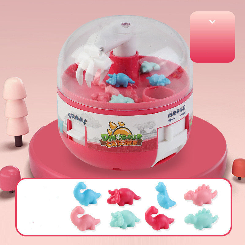 Children's red mini dinosaur grabbing machine toy with colorful dino figures.