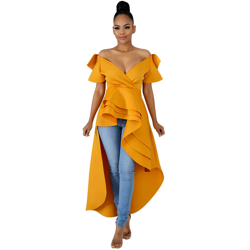 Yellow high-waisted irregular skirt evening dress with off-shoulder design.