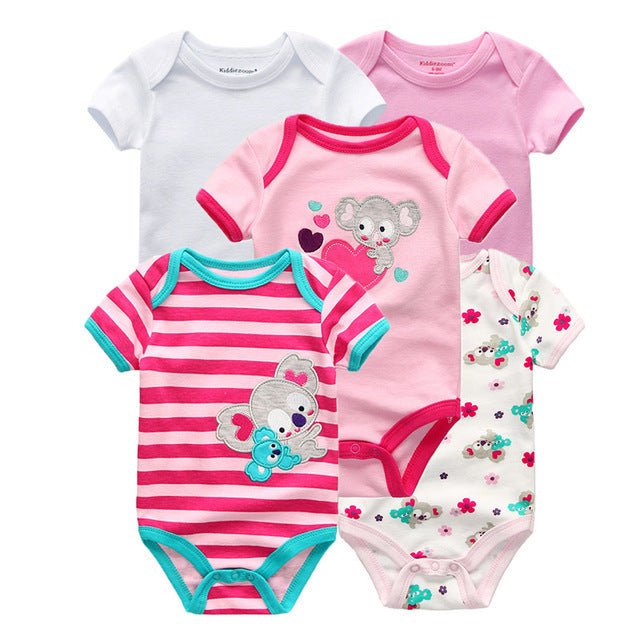 Colorful baby jumpsuits featuring playful designs, perfect for summer.