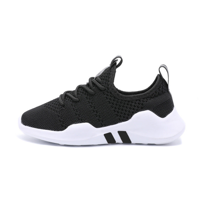 Kids' lightweight black sports shoes with breathable fly knit design and white MD sole.