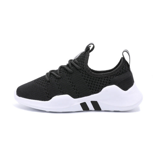 Kids' lightweight black sports shoes with breathable fly knit design and white MD sole.