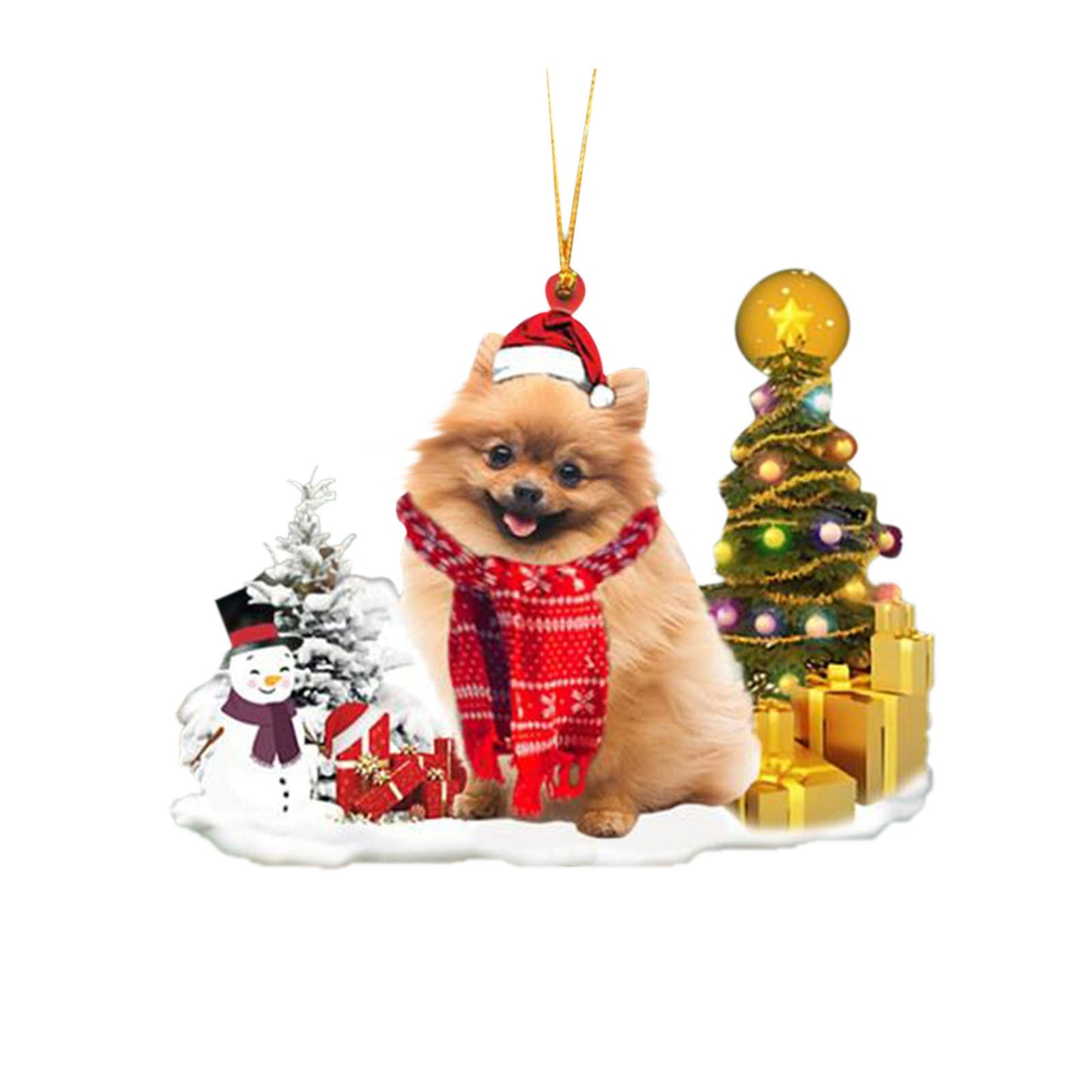 Christmas puppy decoration with Santa hat and scarf, surrounded by festive trees and gifts.
