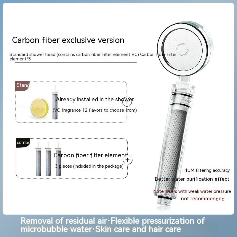 Pressurized shower nozzle with chlorine removal, skincare benefits, and carbon fiber filter.