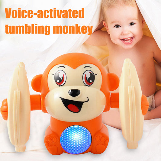 Light-up tumbling monkey toy for kids with educational features, voice-activated orange design.
