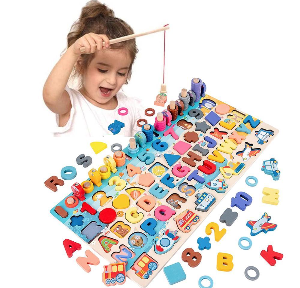 Montessori educational wooden toy board with letters, numbers, and fishing game for kids aged 1-3.