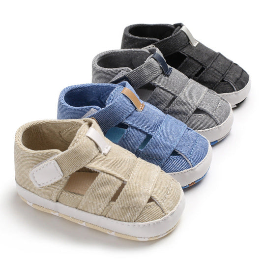 Baby boys' summer crib shoes, canvas material, anti-slip first walker sandals in various colors.