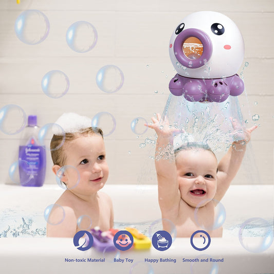 Octopus fountain bath toy spraying water, children playing happily in a bathtub.