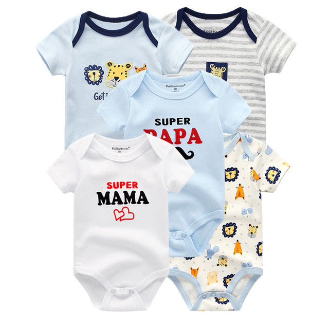 Summer baby jumpsuit collection in cotton with animal prints and playful slogans for newborns.