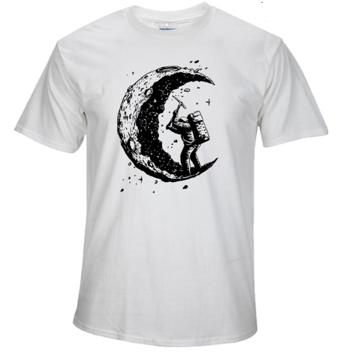 Men's white T-shirt with moon digging print, short sleeve, casual fashion style.