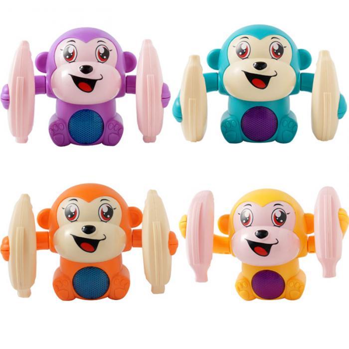 Light-Up Tumbling Monkey Toy in purple, blue, orange, and yellow with light and sound features for children's educational play.
