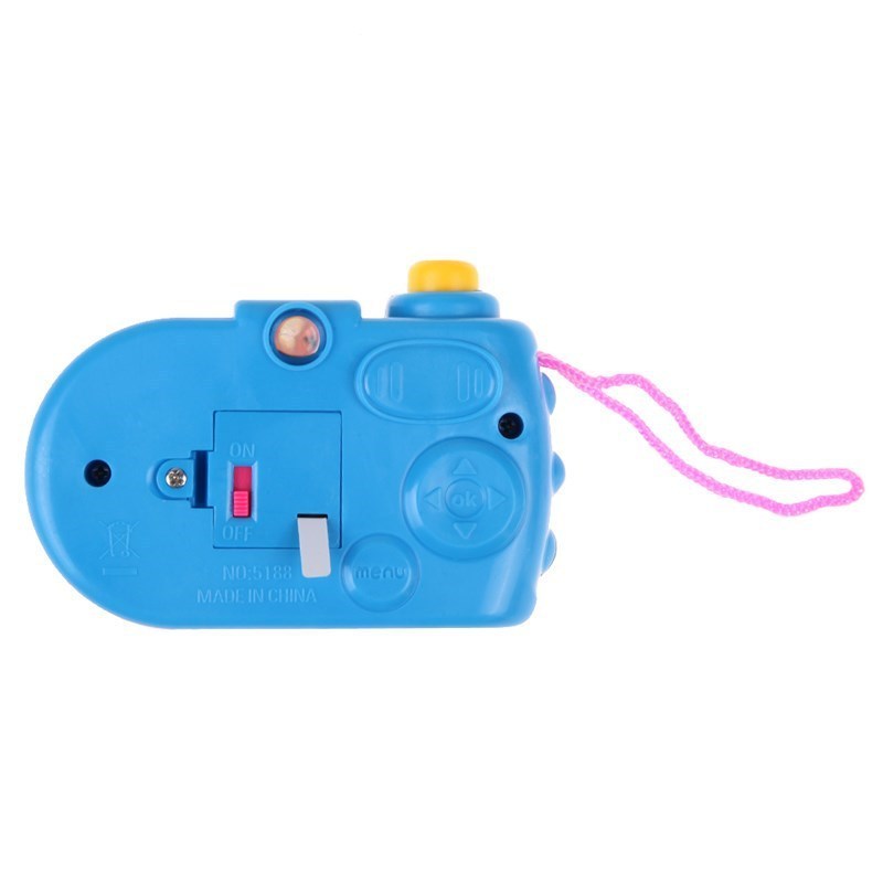 Blue kids projection camera toy with educational features and animal images.