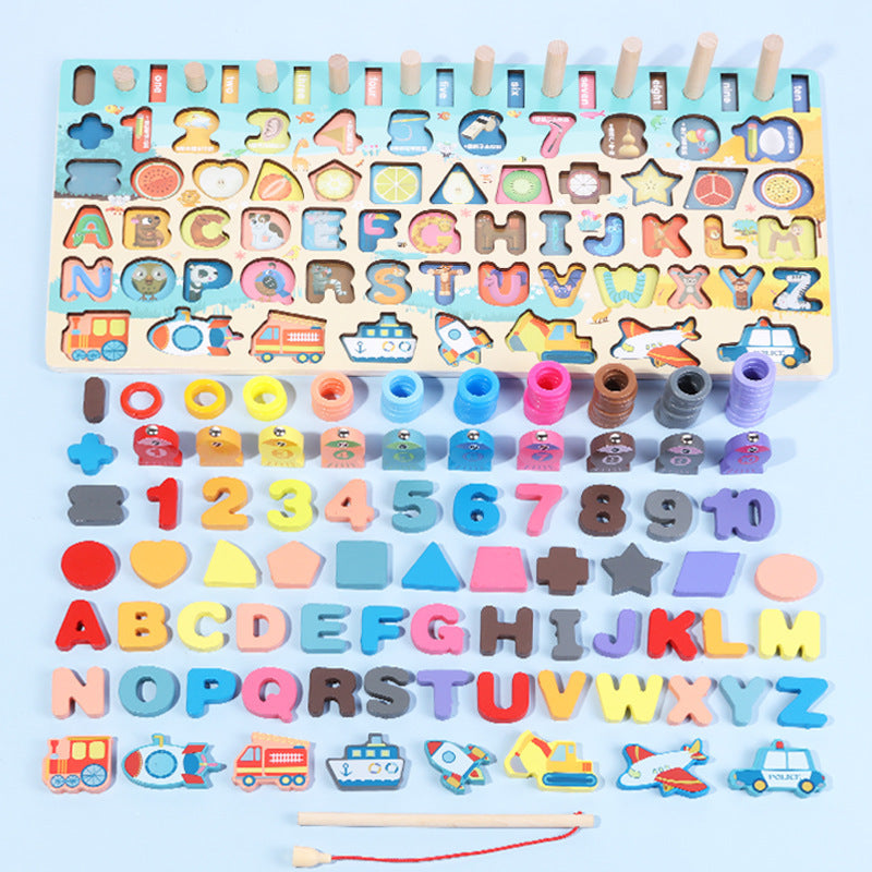 Montessori educational wooden toy set with letters, numbers, and shapes for children aged 1-3.